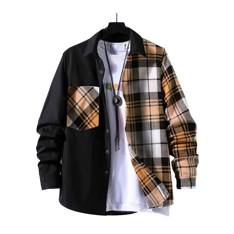 Spring Style Color-contrast Check Long Sleeve Shirt Fashion